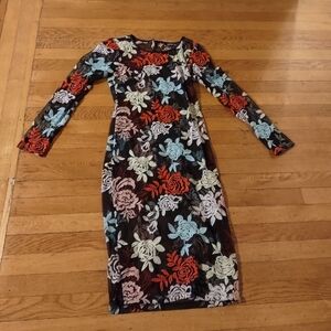 mesh embroidered sheer floral long sleeved midi dress from single size small